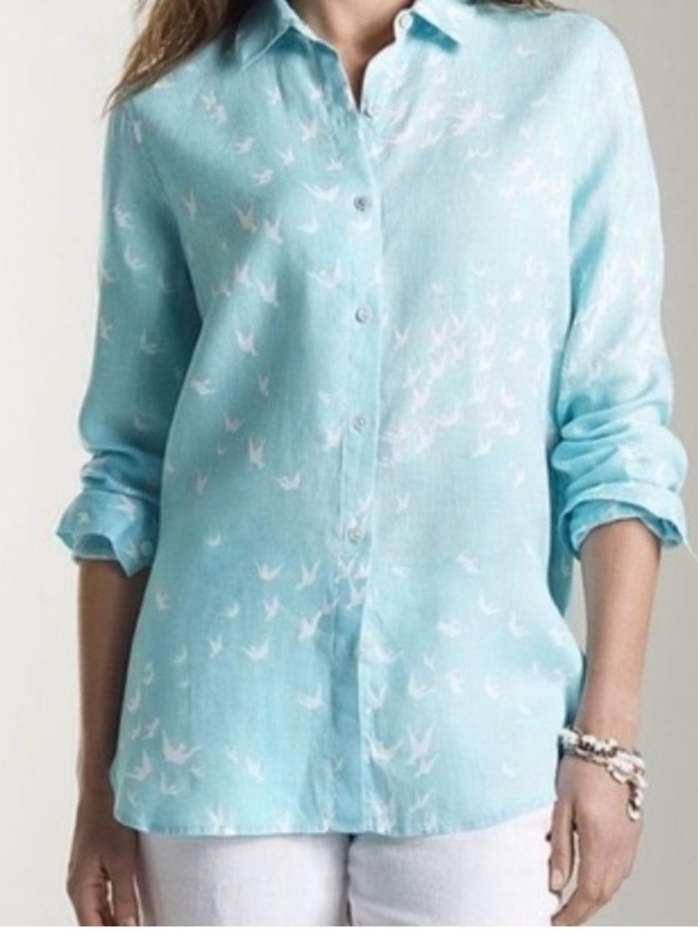 J. Jill Linen Burton Front Shirt With Bird Print size S GUC